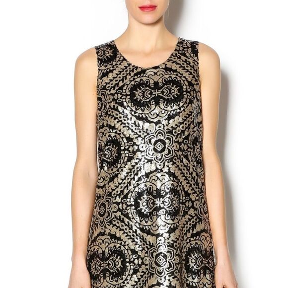 Vintage Honey Punch Gold Black Sequins Dress M - Picture 1 of 6